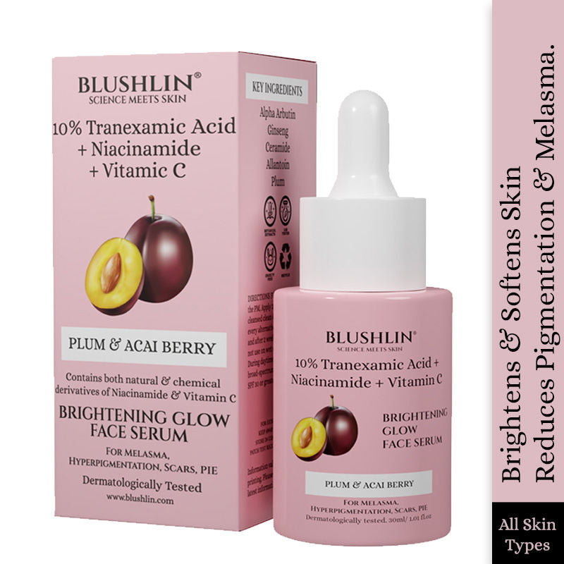 BLUSHLIN Plum & Acai Berry Brightening Face Serum With 10% Tranexamic Acid, Niacinamide & Vitamin C