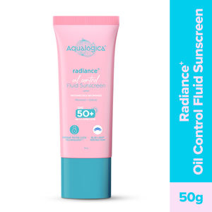 Aqualogica Radiance+ Oil Control Fluid Sunscreen for Oily Skin - 50 gm Ultra-Light Fluid Texture | SPF 50+ PA++++ UVA, B & Blue Light Protection | Oil Free | Controls Excess Oil | Non greasy | No White Cast | For Men & Women