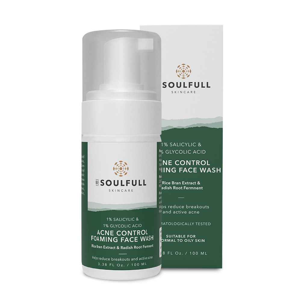 Be Soulfull Anti-Acne Foaming Face Wash | Face wash with 1% Salicylic Acid, 1% Glycolic Acid, Rice Bran Water & Radish Root Ferment | Controls oil, treats active acne | 100 ml