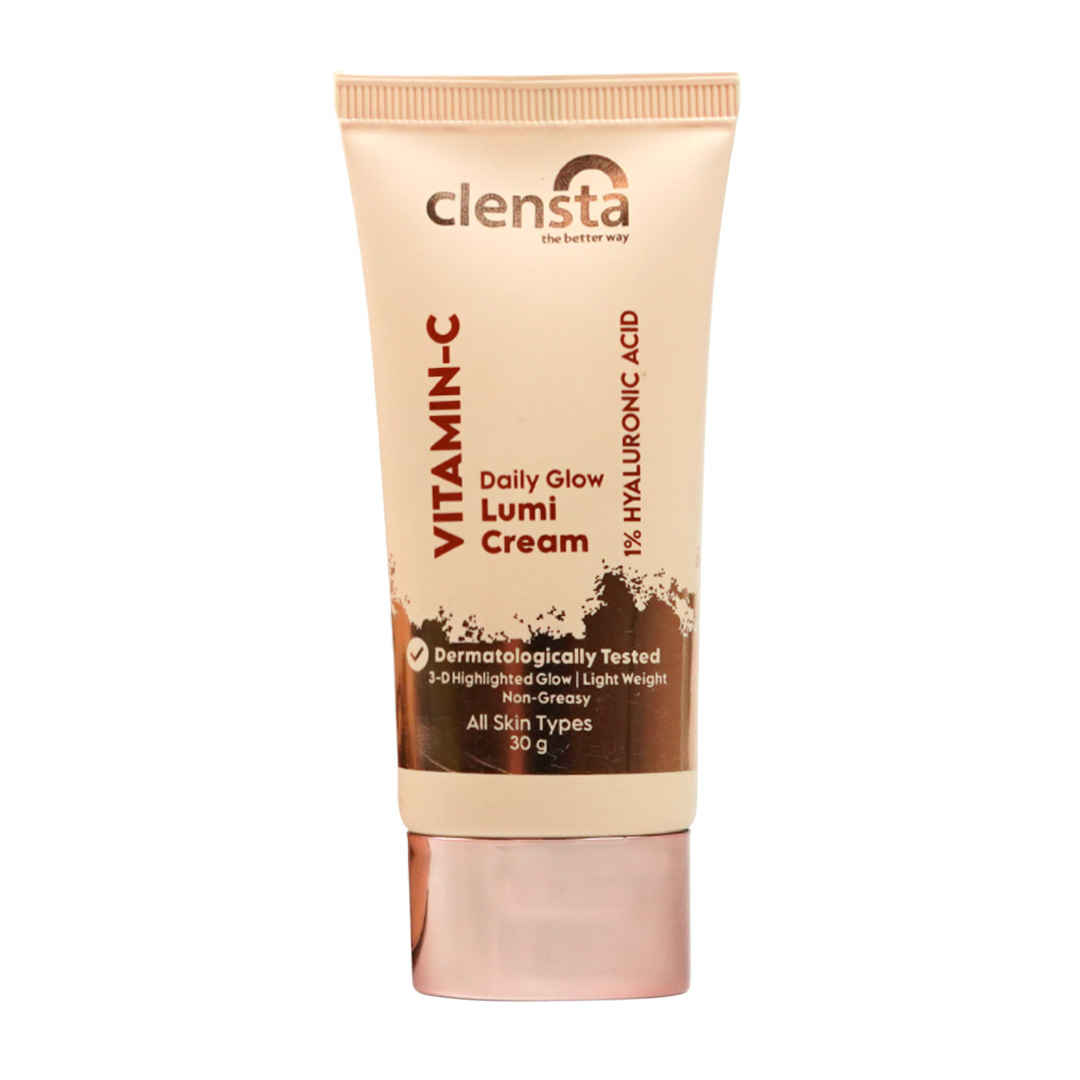 Clensta Vitamin C Daily Glow Lumi Cream with Vitamin C & 1% Hyaluronic Acid for 3D Highlighted Glow, Moisturizing | Light Weight | Non-Greasy | All Skin Type | For Women - 30 gm