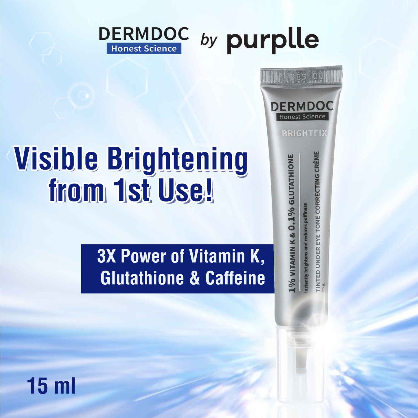 DERMDOC by Purplle Tinted Brightening Under Eye Cream for Dark Circles (15 gm) | with 1% Vitamin K & 0.1% Glutathione | Brightening Under Eye Cream | Reduces Dark Circles, Puffiness & Wrinkles
