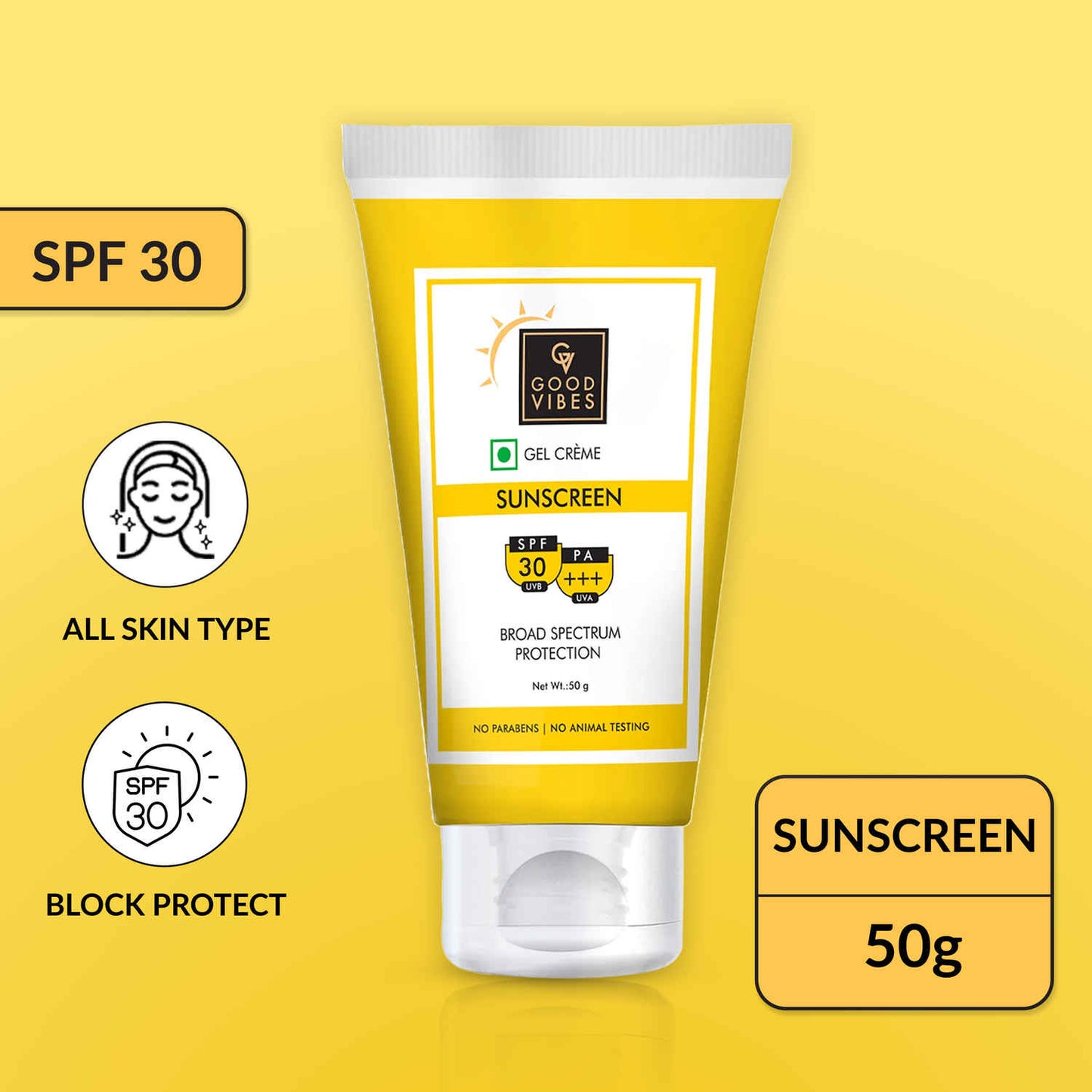 Good Vibes UVA & UVB Protection SPF 30 PA+++ Broad Spectrum Gel Creme | Water Resistant, Anti-Ageing | No Parabens, No Animal Testing (50 gm)
