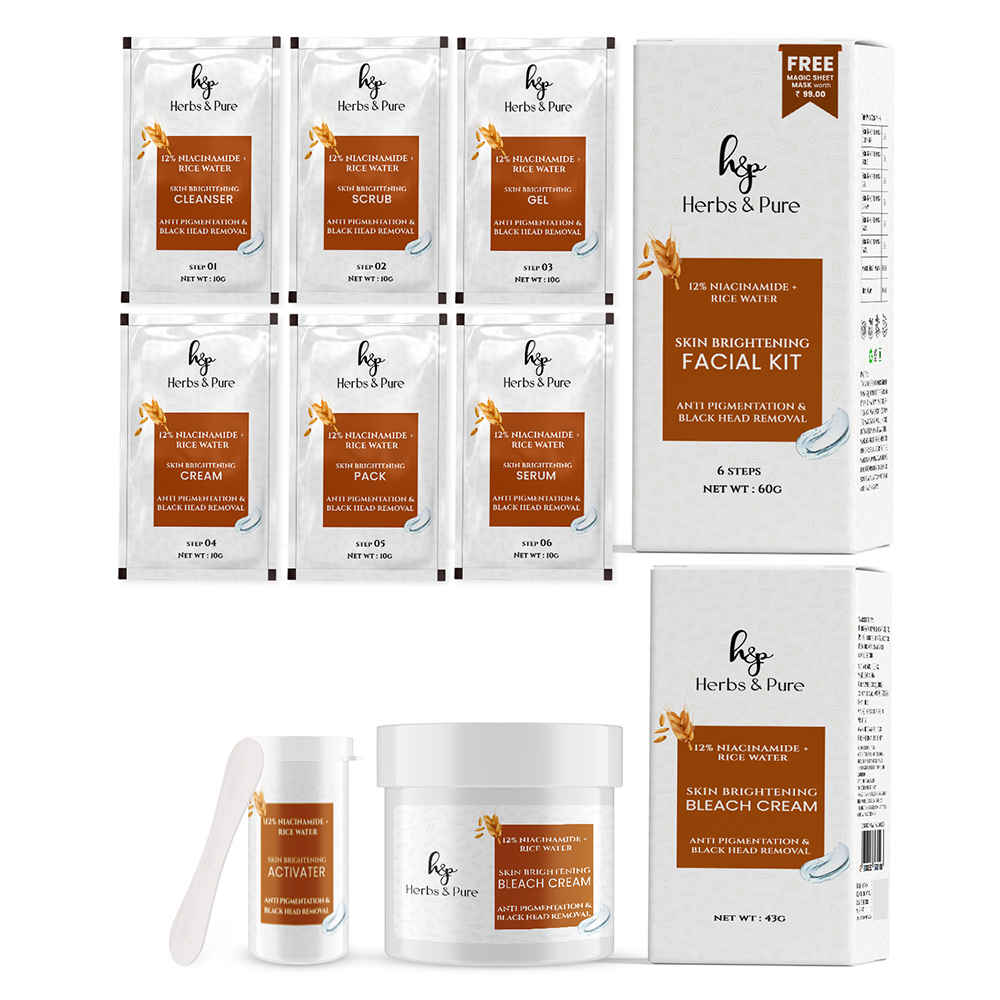 Herbs & Pure Skin Brightening Facial Kit (60 gm) & Bleach (43 gm) With12% Niacinamide & Rice water for Anti Pigmentation|6 Steps Skin Care With Magic Sheet Mask and Disposable Head Cap, Pack of 2