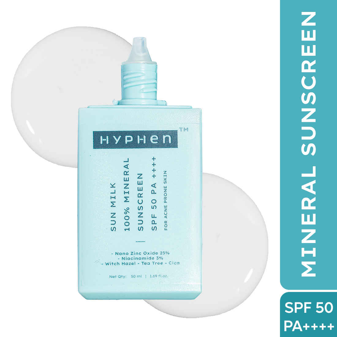 Hyphen Sun Milk 100% Mineral Sunscreen SPF 50 PA++++ 25% Nano Zinc Oxide, Sensitive| Acne Prone & Oily Skin, Water Resistant, No white Cast - 50ml