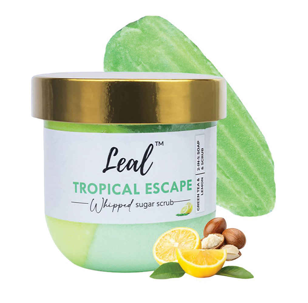 Leal Tropical Escape Whipped Face & Body Sugar Scrub | Enriched with Green Tea, Shea Butter & Lemon | 2-in-1 Scrub & Soap for Exfoliating Dead Skin, Tan Removal & Blackheads - 200 gm