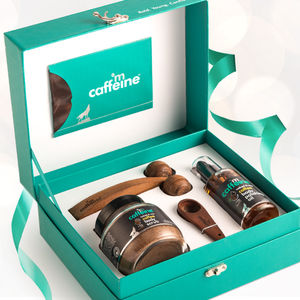 mCaffeine Coffee De-Stress Gift Set| Body Scrub and Massage Oil with a Handcrafted Wooden Massager for a Caffeinated Relaxation ,200 gm