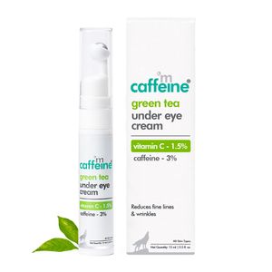 mCaffeine Green Tea Under Eye Cream to Reduce Fine Lines, Wrinkles & Dark Circles | 3% Caffeine, 1.5% Vit C Reduce dark circles | Cooling Gel & Roller for Men & Women - 15 ml