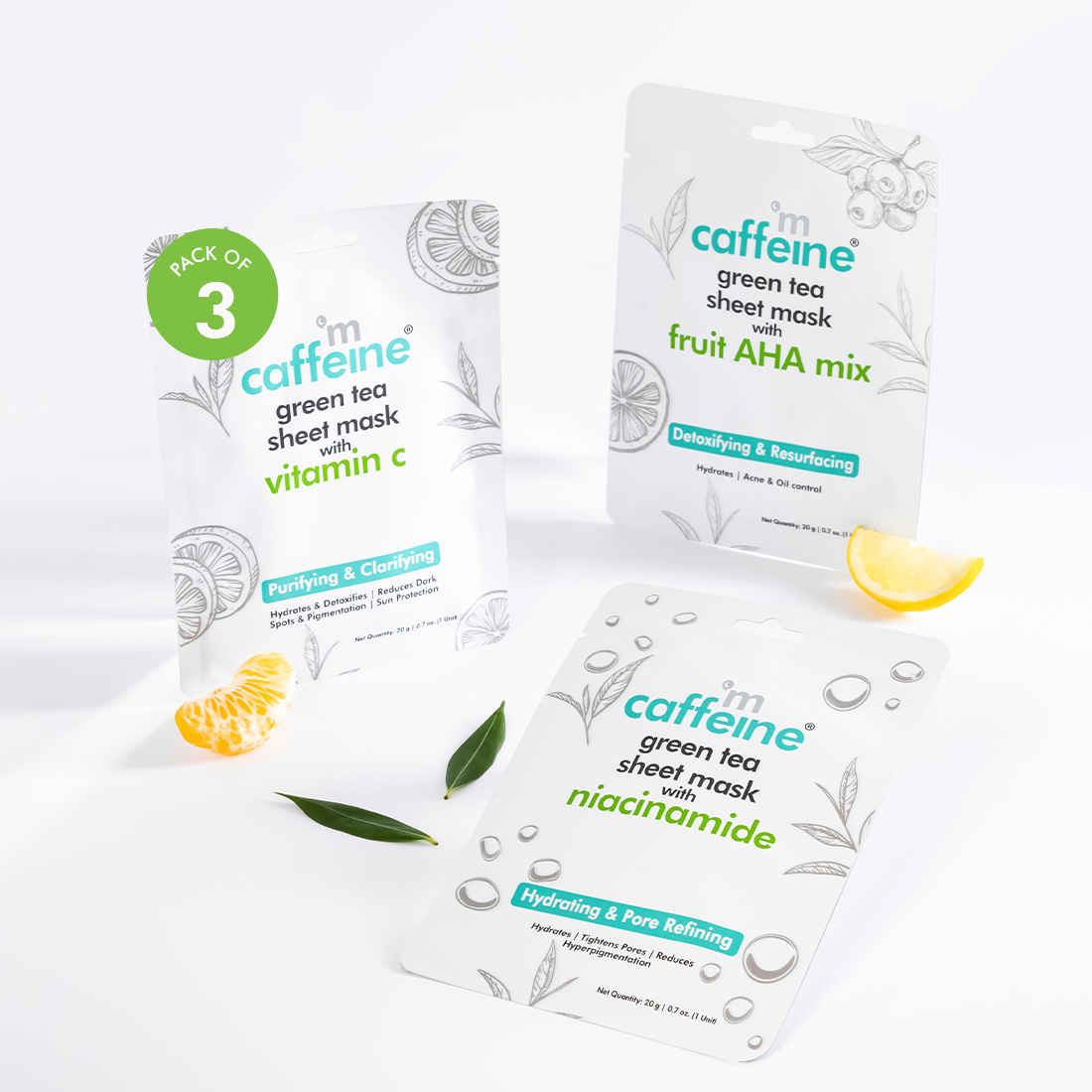 mCaffeine Vitamin C, Niacinamide & Fruit AHA Mix Face Sheet Masks with Green Tea| Reduces Dark Spots, Tightens Pores & Controls Acne - Pack of 3 | 94g