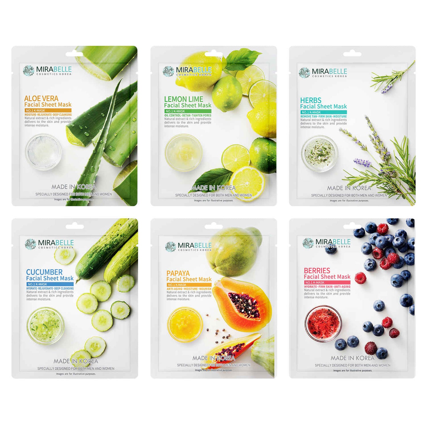 MIRABELLE COSMETICS KOREA Fairness Facial Mask (Aloevera, Berries, Cucumber, Herbs, Lemon, Papaya - Combo Pack Of 6) (25 ml)