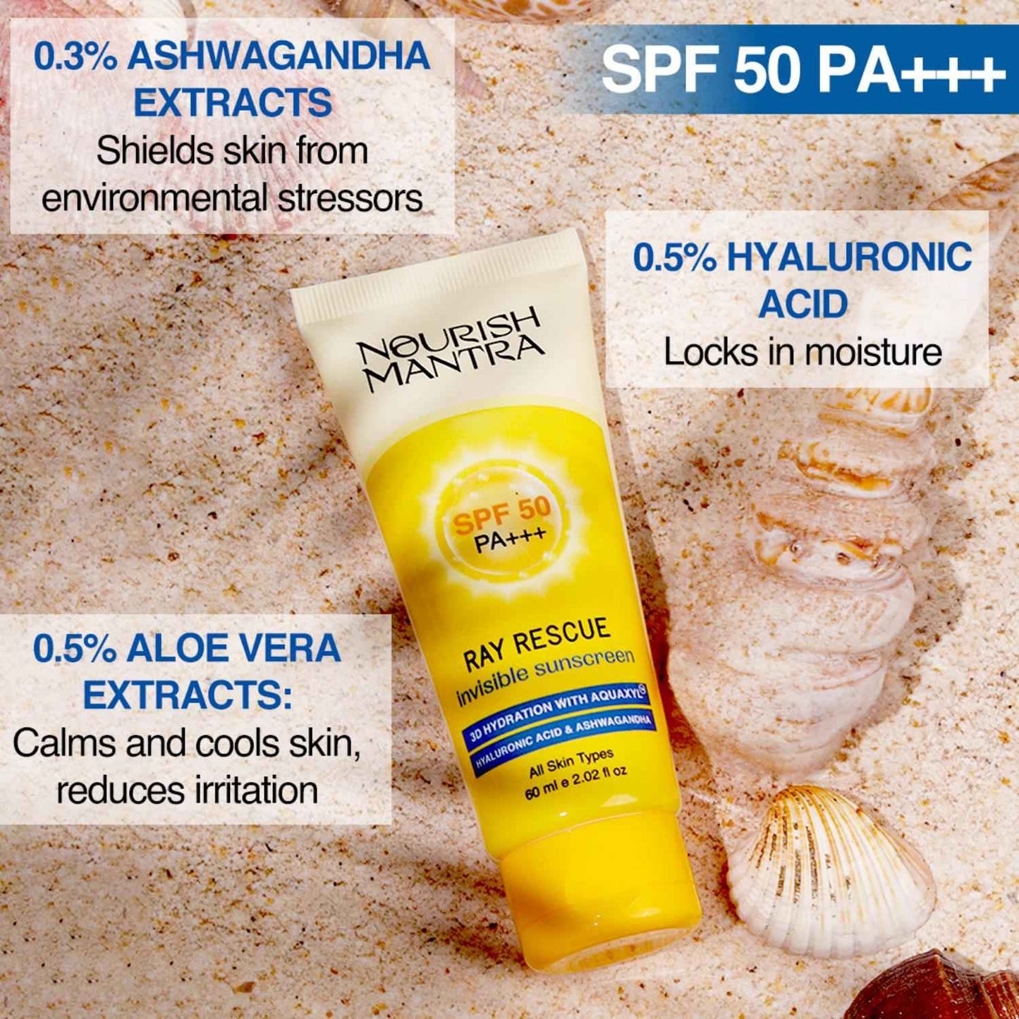 Nourish Mantra Ray Rescue Invisible Sunscreen with SPF 50 & Aquaxyl for UV Protection - 60ml
