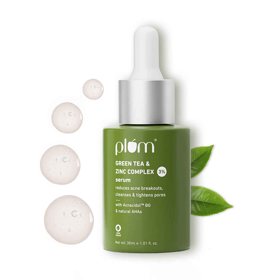 Plum Green Tea & Zinc Complex 3% | With AcnacidolTM BG & natural AHAs | Reduces acne Breakouts & Tightens Pores | For All Skin Types | 100% Vegan | 30 ml