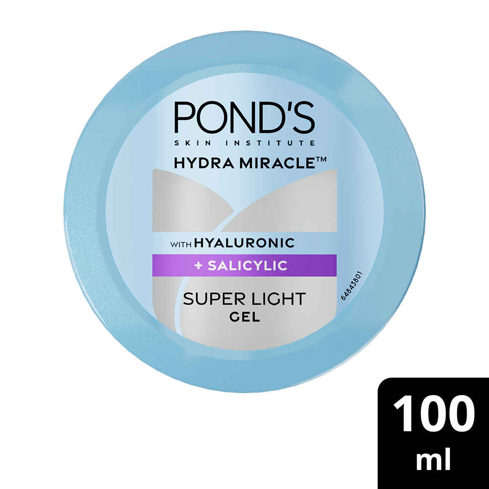 Ponds Hydra Miracle Super Light Gel with Hyaluronic Acid & Salicylic - Non-Sticky Non-Oily Refreshing Gel | For All Skin Types | Reduces pores and acne - 100 ml