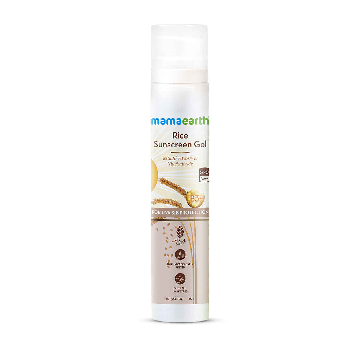 Mamaearth Rice Sunscreen With SPF 50 Gel with Rice Water & Niacinamide for UVA & UVB Protection, PA+++ - 50 gm