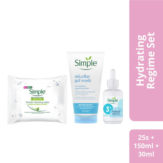 [Bundle of 3] Simple Water Boost Micellar Facial Gel Wash 150Ml + Hyaluronic Acid & B5 Booster Serum 30Ml + Micellar Cleansing Wipes 25S (121103711 + 121116733 + 121095721)