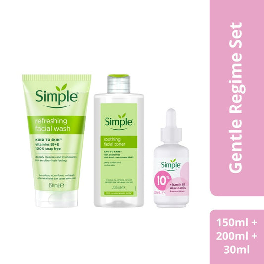 [Bundle of 3 ] Simple Kind To Skin Refreshing Facial Wash Gel 150Ml + Soothing Toner 200Ml + Vit B3 Niacinamide Booster Serum 30Ml (121012372 + 121012399 + 121116734)