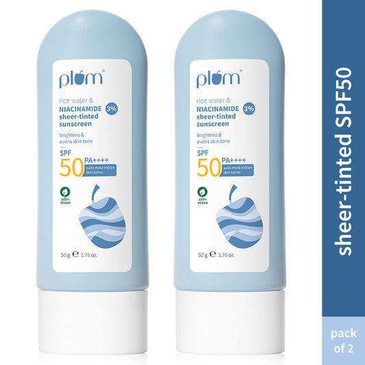 Plum 3% Niacinamide & Rice Water Sheer-Tinted Sunscreen SPF 50 PA++++ - Pack Of 2