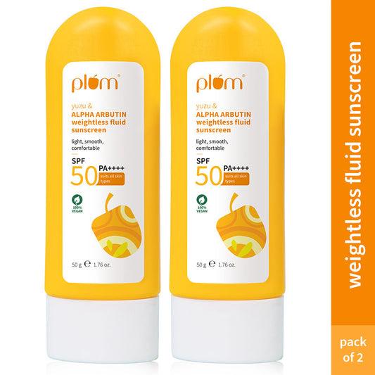 Plum Alpha Arbutin & Yuzu Weightless Fluid Sunscreen SPF 50 PA++++ - Fades Tan - Pack Of 2