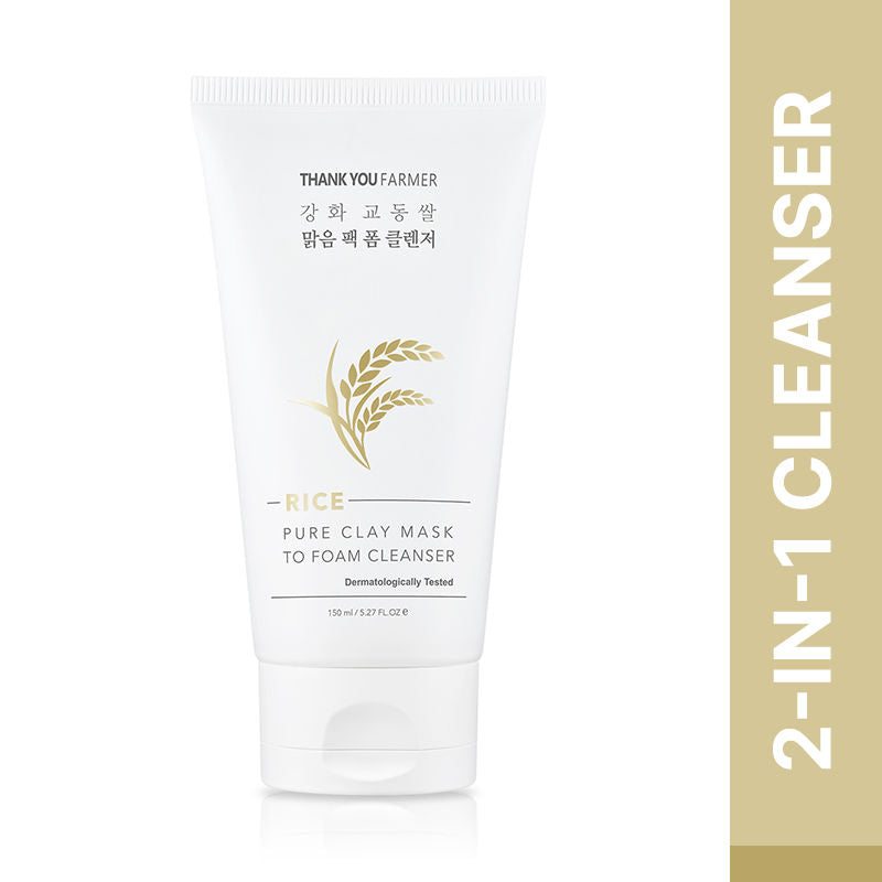 Thank You Farmer Rice Clay Mask To Foam Korean Cleanser - Brightens, Unclogs Pores, Oil-Control