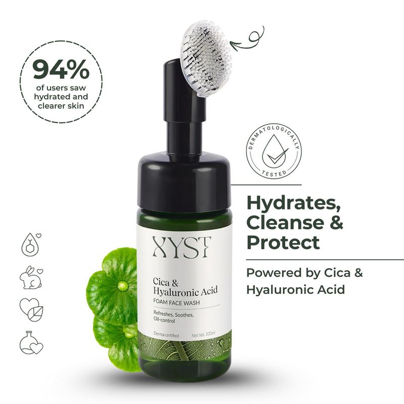 XYST Cica Hyaluronic Acid Face Wash, Gentle Sensitive Skin Cleanser,Deeply Hydrating, Built-In Brush