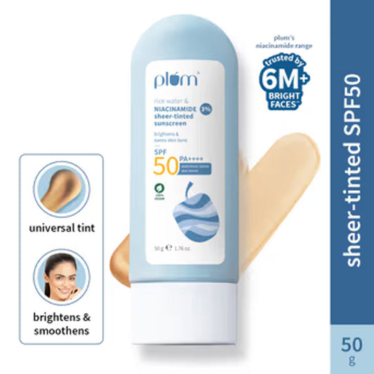 Plum Rice Water & 3% Niacinamide Sheer-Tinted Sunscreen With SPF 50 PA++++, For Oily to Dry Skin