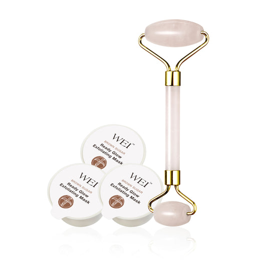 WEI Rose Quartz Chinese Face Roller Plus Brown Sugar Ready Glow Exfoliatiing Mask