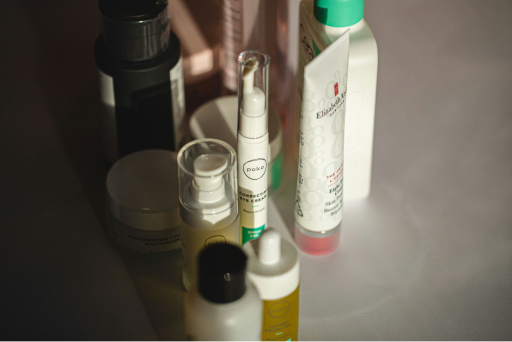 Skincare products arranged in an editorial composition