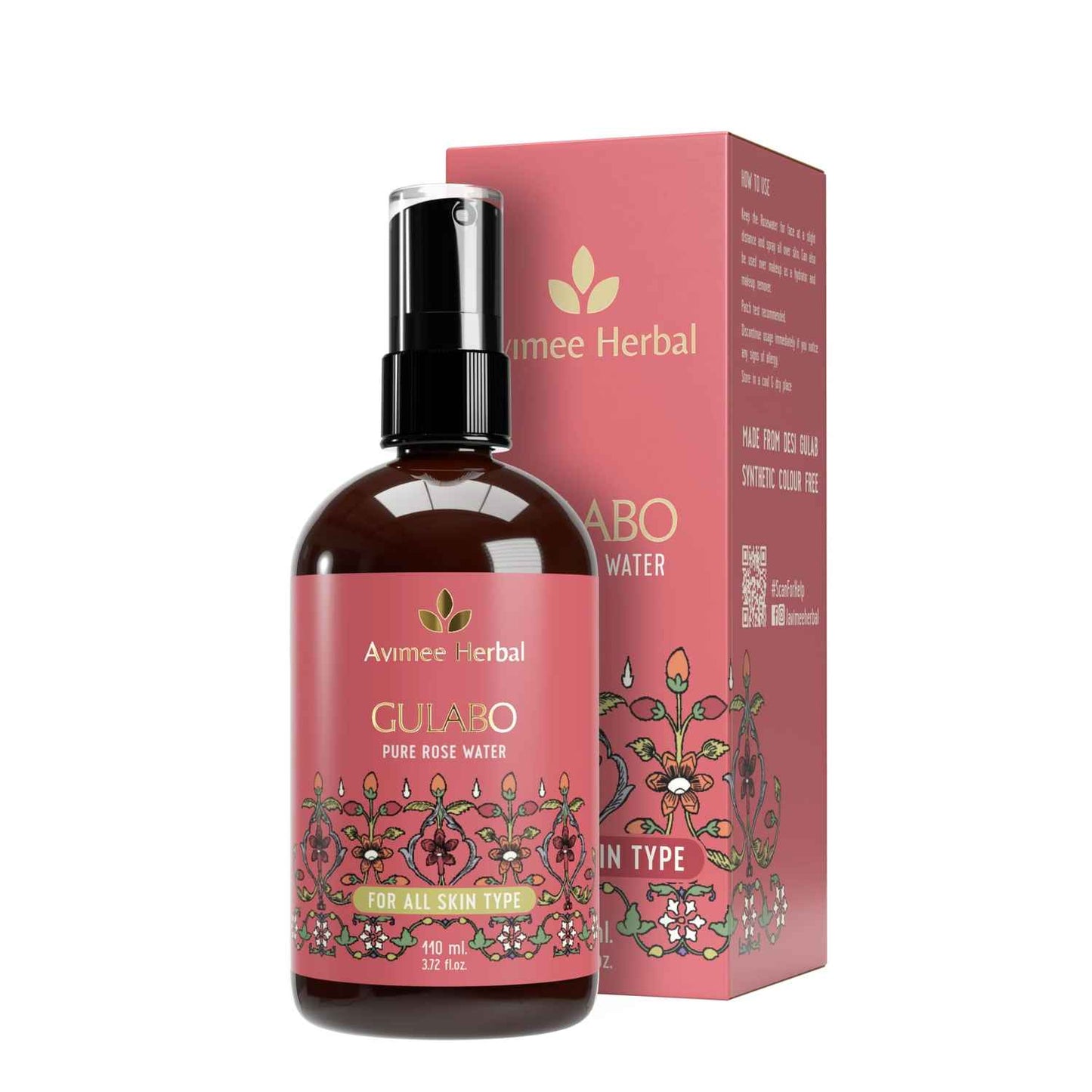 AVIMEE HERBAL Gulabo Premium Rose Water-110 ml | Skin, Face and Hair Toner | No Paraben, No Alcohol | Balances & Restores Skin's pH Levels | For All Skin Types