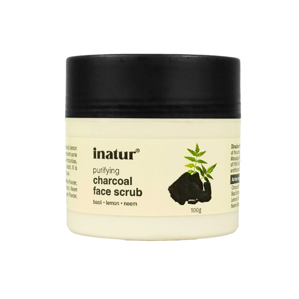 INATUR Activated Charcoal Face Scrub, Pollution Detox With Basil, Lemon, Neem For Normal-Oily Skin (125g)