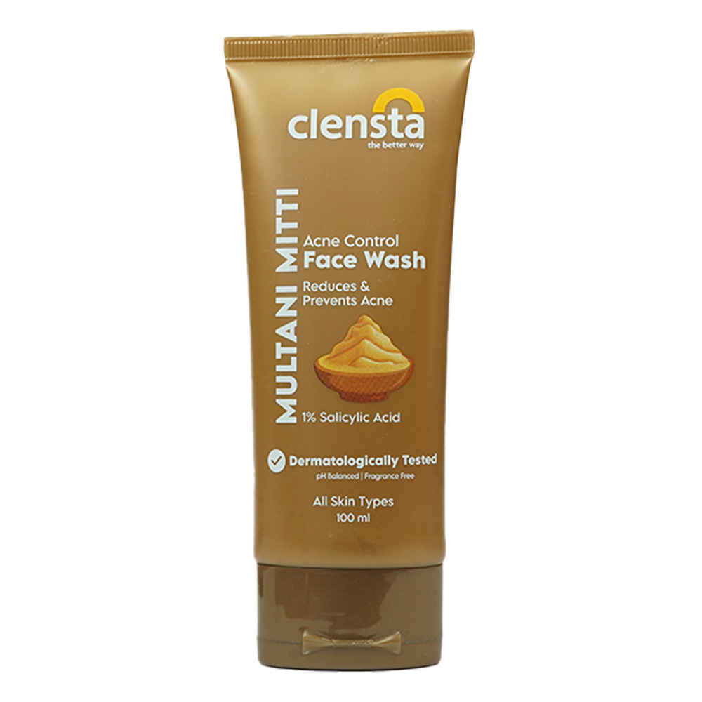 Clensta Multani Mitti Acne Control Face Wash with 1% Salicylic Acid, Reduce & Prevent Acne for All Skin Types, Dermatologically Tested, ph Balanced, Fragrance Free, 100 ml