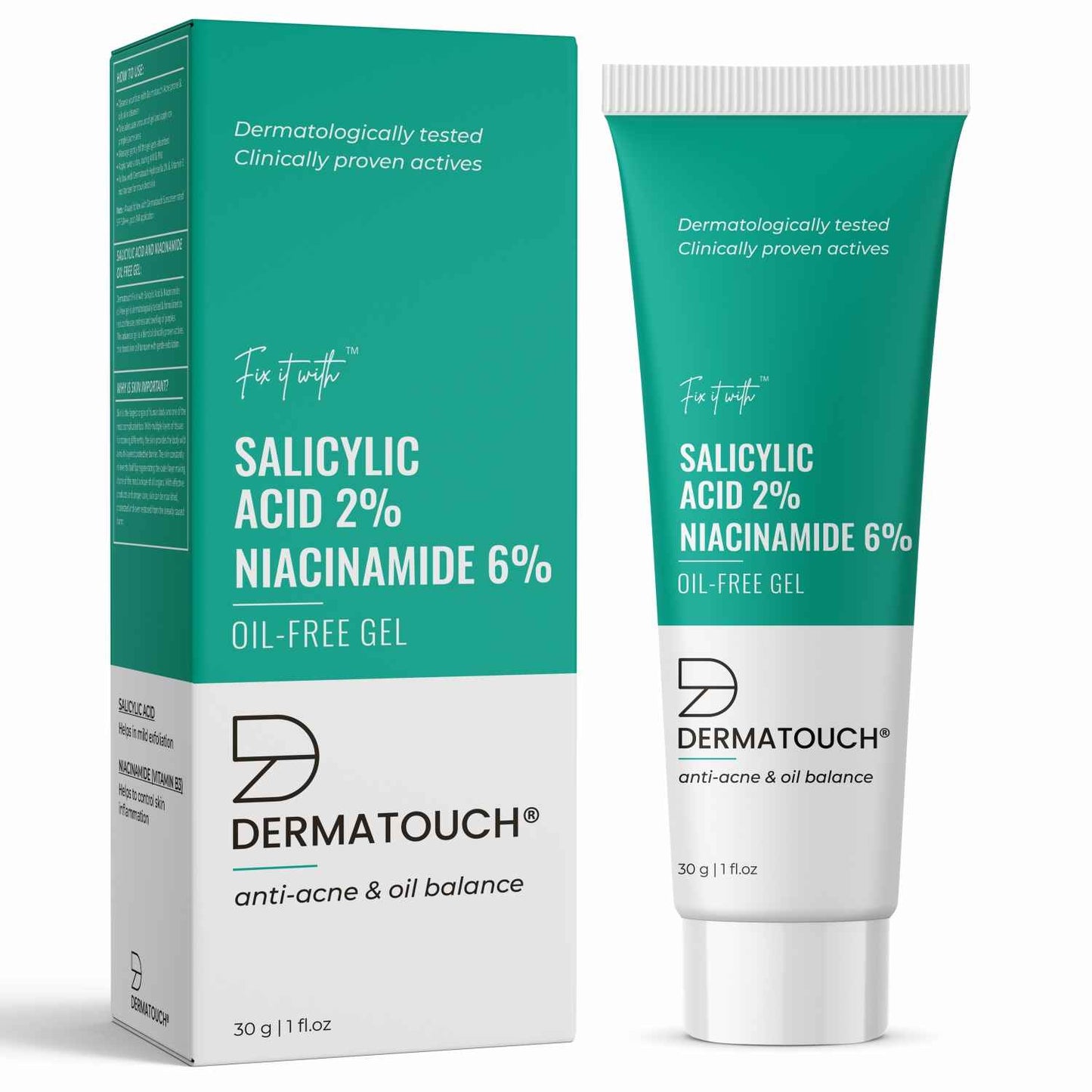 DERMATOUCH Salicylic Acid 2% Niacinamide 6% Anti-Acne Oil-Free Gel For Active Acne, Oil Balancing, Pore tightening - 30 gms