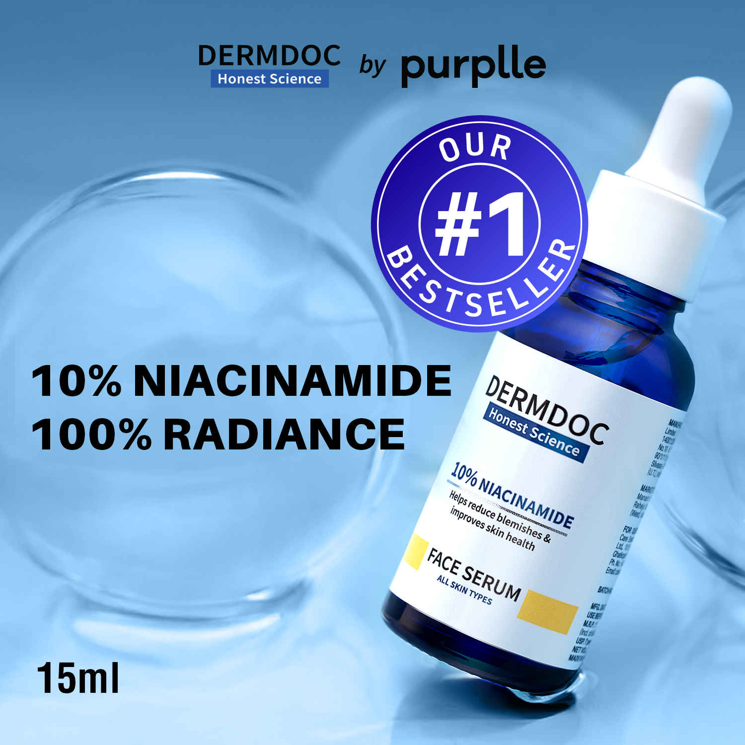 DERMDOC by Purplle 10% Niacinamide Face Serum (15 ml) | Skin Brightening | Niacinamide Face Serum I Niacinamide for Oily Skin