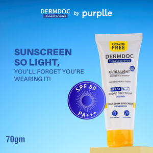 DERMDOC SPF 50 Ultra Light SPF Daily Glow Sunscreen (70 gm) | 50 gm + Extra 20 gm Free | Face Sunscreen | Lightweight | Non-Greasy | 0 White Cast | Oily Skin Friendly | Sunblock | PA+++ | Non-Comedogenic