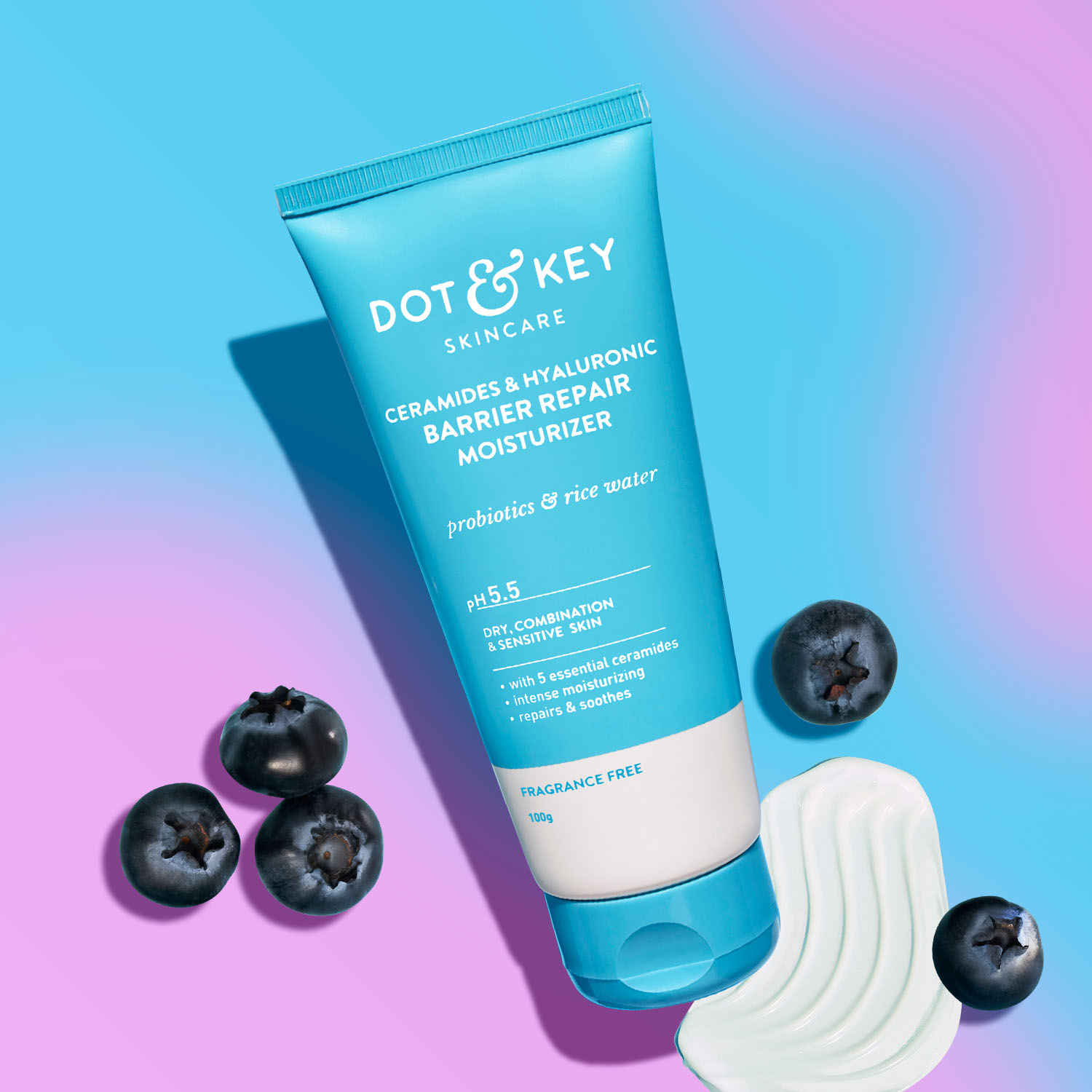 Dot & Key Ceramides & Hyaluronic Skin Barrier Repair + Face Cream with Probiotics & Rice Water | Fragrance Free Face Moisturizer for Dry & Sensitive Skin, 100g