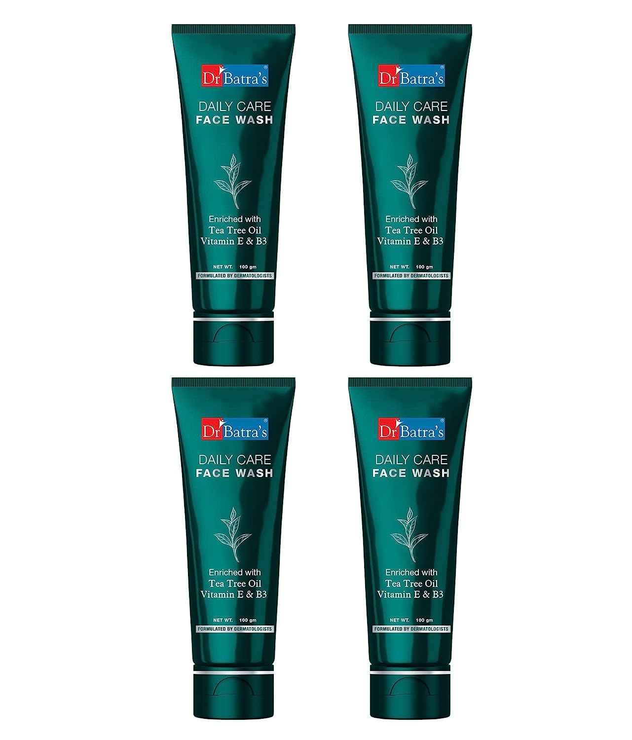 Dr.Batra`s Daily Care Face Wash. Eliminates Dirt. Moisturizes Skin. Protects Against Impurities. Contains Echinacea Extracts, Tea Tree Oil, Vitamin B3, Vitamin E. SLS, Paraben Free. For Men, Women. 100 g. (Pack of 4)