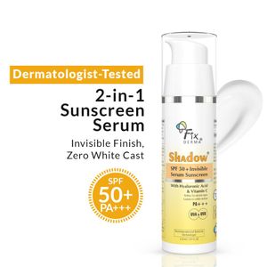 Fixderma Shadow Invisible Serum Sunscreen SPF 50+ PA+++ | Ultra Lightweight Transparent Sunscreen with Vitamin C & Hyaluronic Acid | No White Cast | For All Skin Types | For Men & Women | Airless Pump 30 ml