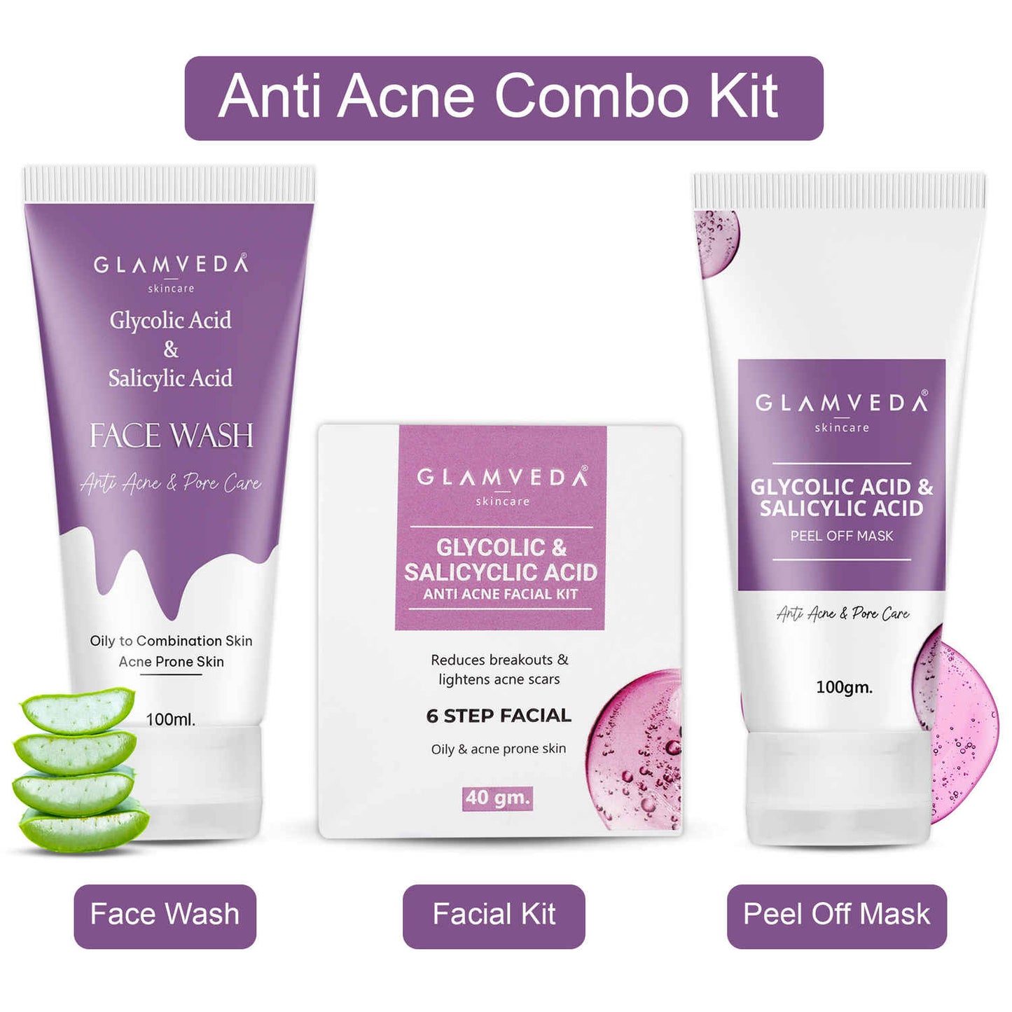 Glamveda Glycolic & Salicylic Acid Anti Acne Combo Gift Pack | For Oily & Acne Prone Skin | Face Wash, Facial Kit & Peel Off Mask 240 gm
