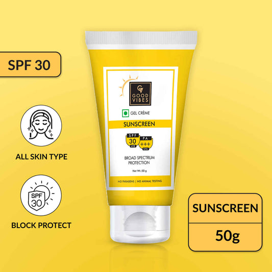Good Vibes UVA & UVB Protection SPF 30 PA+++ Broad Spectrum Gel Creme | Water Resistant, Anti-Ageing | No Parabens, No Animal Testing (50 gm)