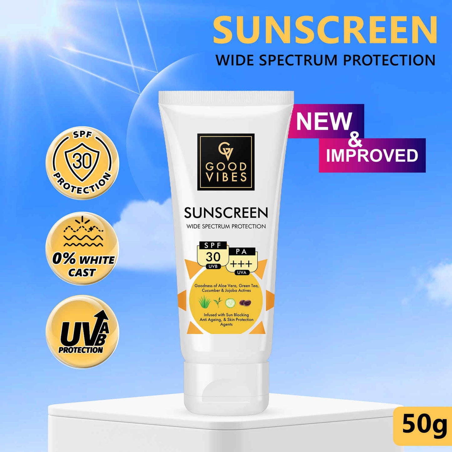 Good Vibes Wide Spectrum Protection Sunscreen with SPF 30 | Non-Greasy, Anti-Ageing | With Aloe Vera | No Parabens, No Animal Testing (50 gm)