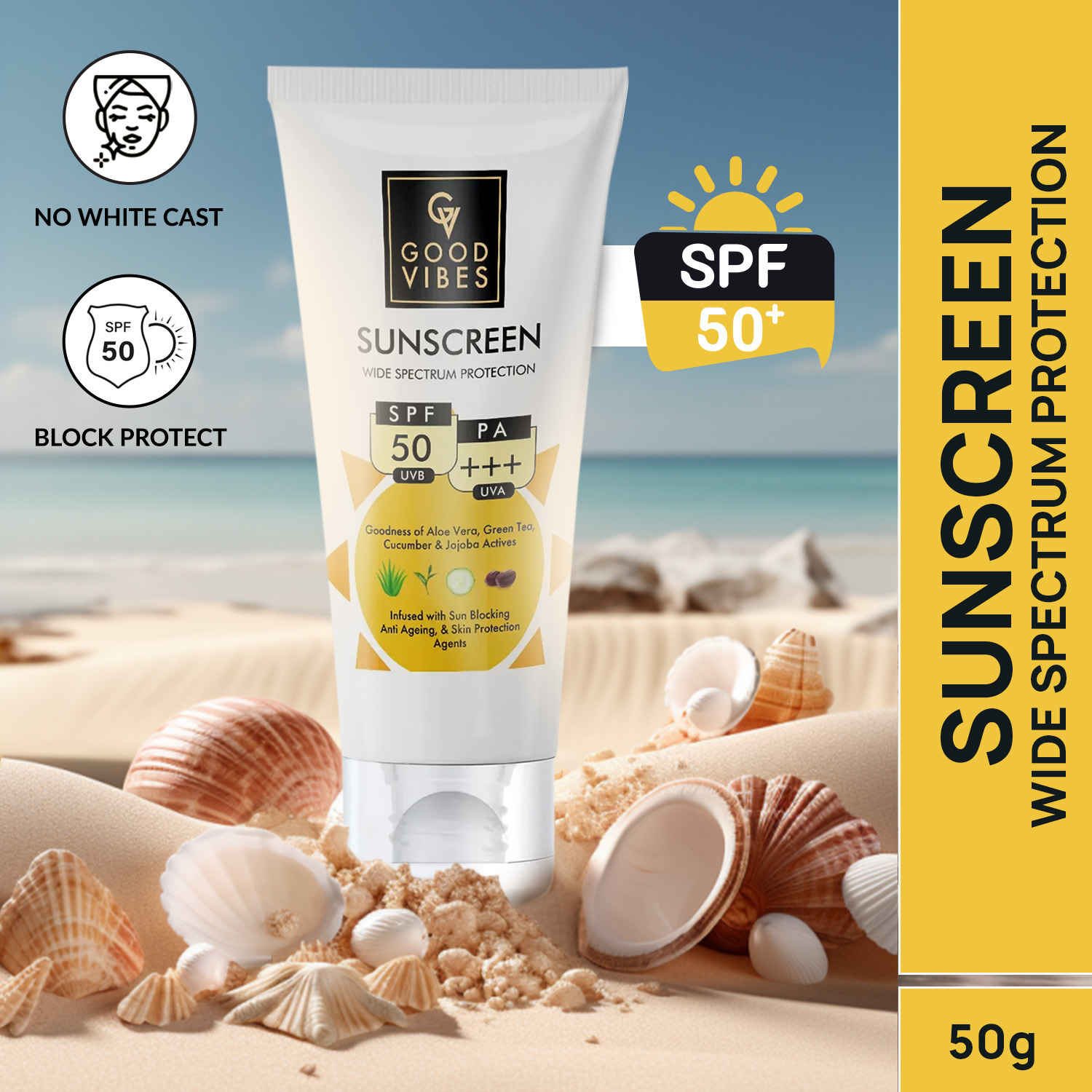 Good Vibes Wide Spectrum Protection Sunscreen with SPF 50 | With Aloe Vera | New & Improved | 50 gm