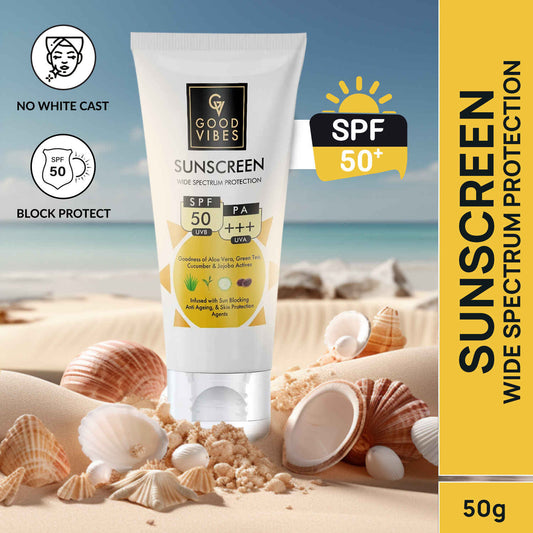 Good Vibes Wide Spectrum Protection Sunscreen with SPF 50 | With Aloe Vera | New & Improved | 50 gm