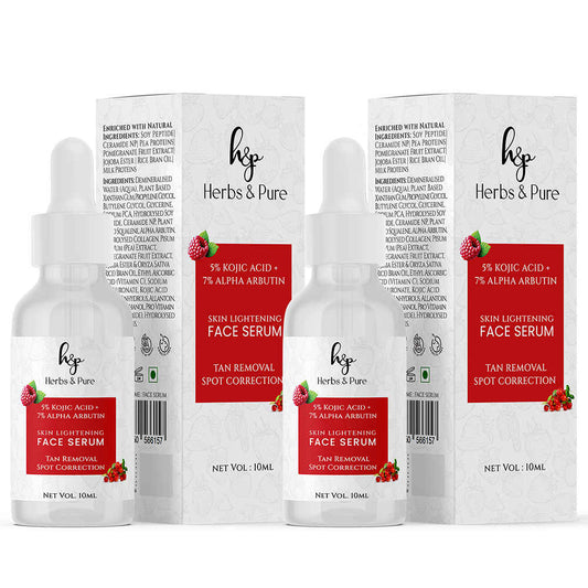 Herbs & Pure 5% Kojic Acid & 7% Alpha Arbutin Face Serum 10 ml | Tan Removal and Spot Correction | All Skin Types | Women & Men| 100% Vegan |Pack of 2