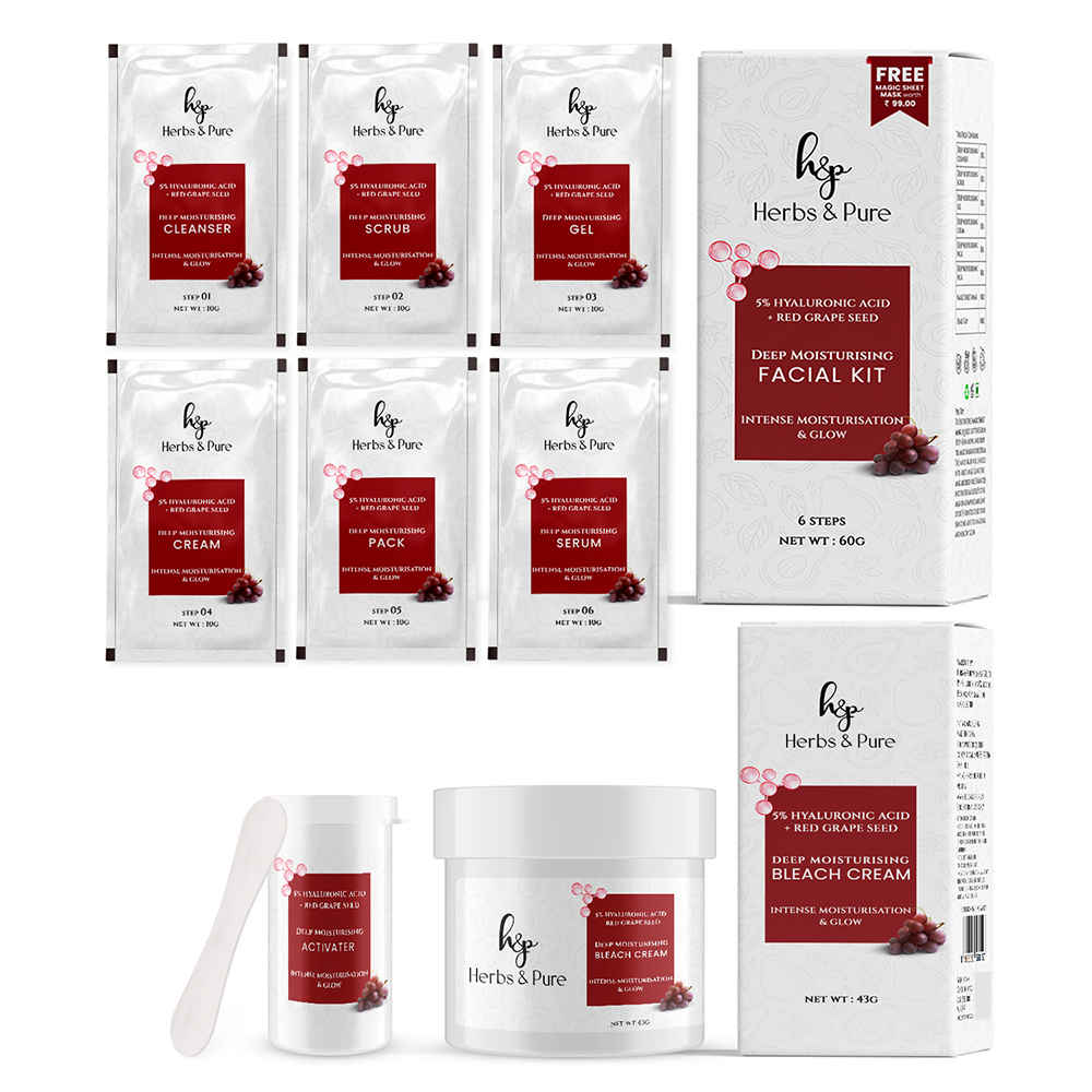 Herbs & Pure Deep Moisturising Facial Kit ( 60 gm)& Bleach (43 gm)With Hyaluronic Acid & Red Grapes for Dark spots Reduction|6 Steps Skin Care|With Magic Sheet Mask & Disposable Head Cap Pack of 2
