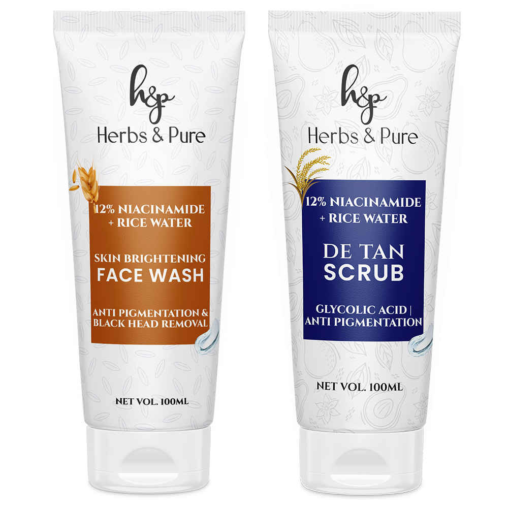 Herbs & Pure Skin Brightening 12% Niacinamide & Rice Water Face Wash(100 ml) for Black Head Removal & De tan Scrub(100 ml) for Anti Pigmentation- Pack of 2