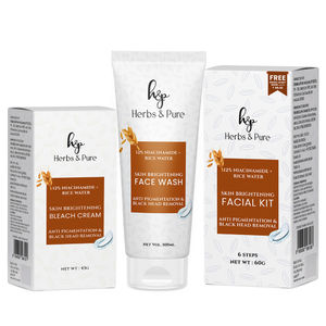 Herbs & Pure Skin Brightening Facial Kit, Face Wash & Bleach with 12%Niacinamide & Rice Water For Anti Pigmentation Black Head Removal With Magic Sheet Mask Disposable Head Cap Unisex (203 gm Pack Of 3)