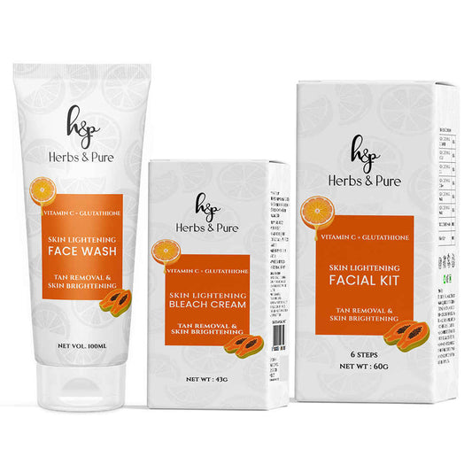 Herbs & Pure Skin Lightening Facial Kit, Face Wash & Face Bleach With Vitamin C & Glutathione For Illumination Glowing Skin With Magic Sheet Mask And Disposable Head Cap|No Sulphates Unisex(203 gm_Pack Of 3)