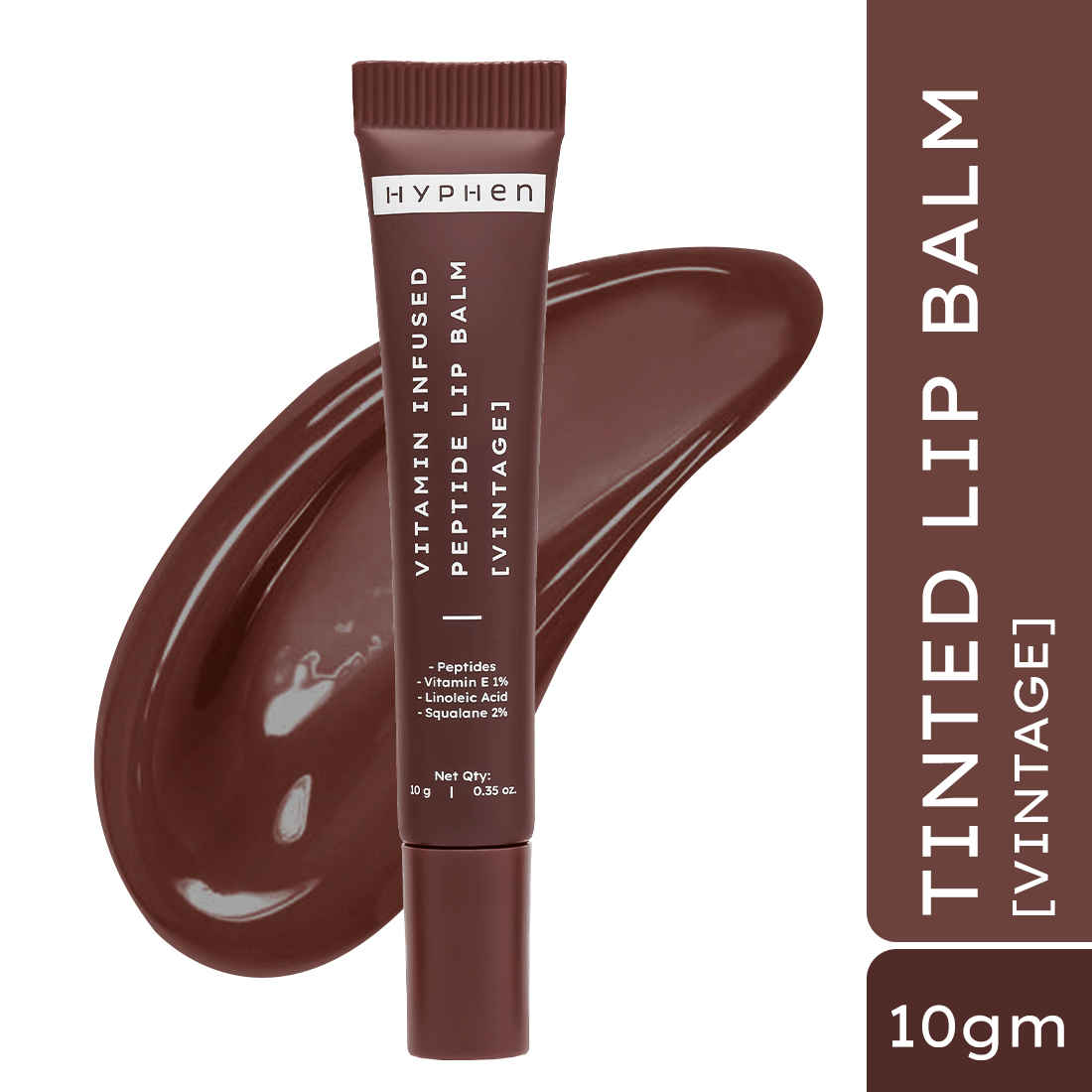 Hyphen Tinted Lip Balm - Vintage | 1% Vitamin E, 2% Squalane & Peptides | Brightening Lip Balm for Dark Lips | 24h Moisturization for Dry Lips - 10 gm