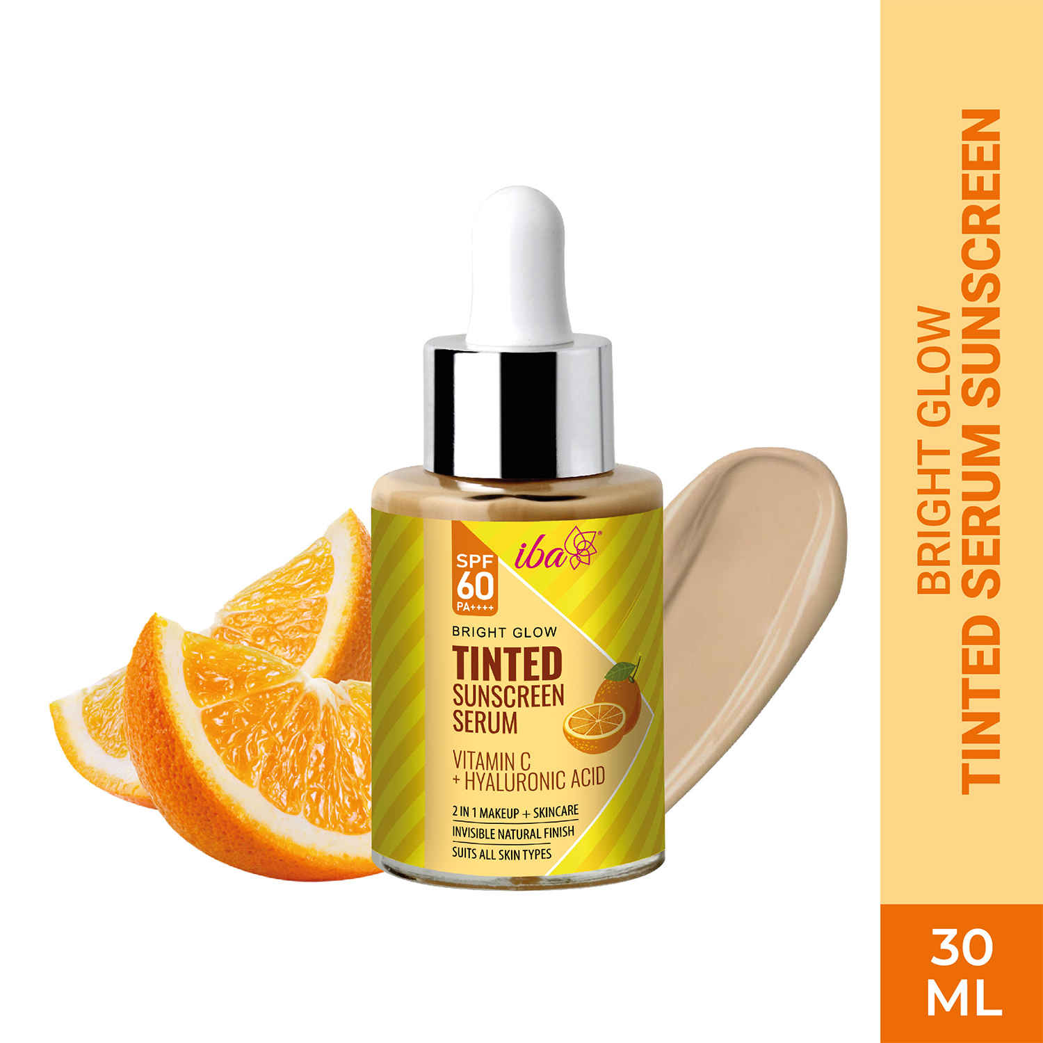 Iba Bright Glow Tinted Sunscreen Serum for All Skin Types SPF 60 PA++++ with Hyaluronic Acid & Vitamin C, 30 ml | Broad Spectrum- UVA&UVB Protection | For Glowing & Sun-Safe Skin | No White Cast