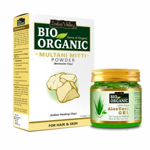 Indus Valley Bio Organic Aloe Vera Gel and Multani Mitti Powder combo pack for Acne, Scars, Glowing & Radiant Skin Treatment (175ml + 200 gm)