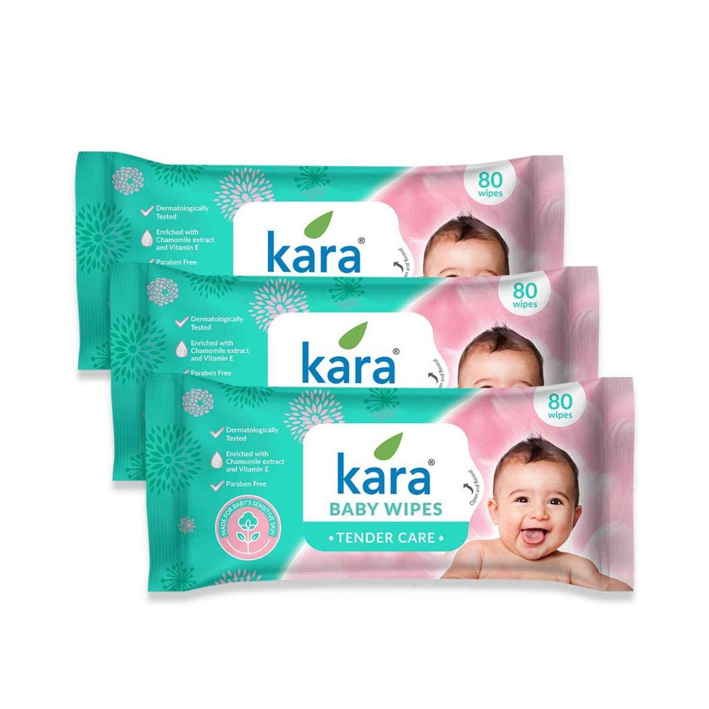 Kara Tender Care Baby Wipes - 80 Pulls (Pack of 3) | Gentle, Safe & Dermatologically Tested