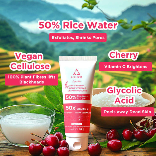 Light up Beauty Sunrise De-Tan Face Scrub with 50% Rice Water Complex, Cherry, & Vitamin C (60 gm)